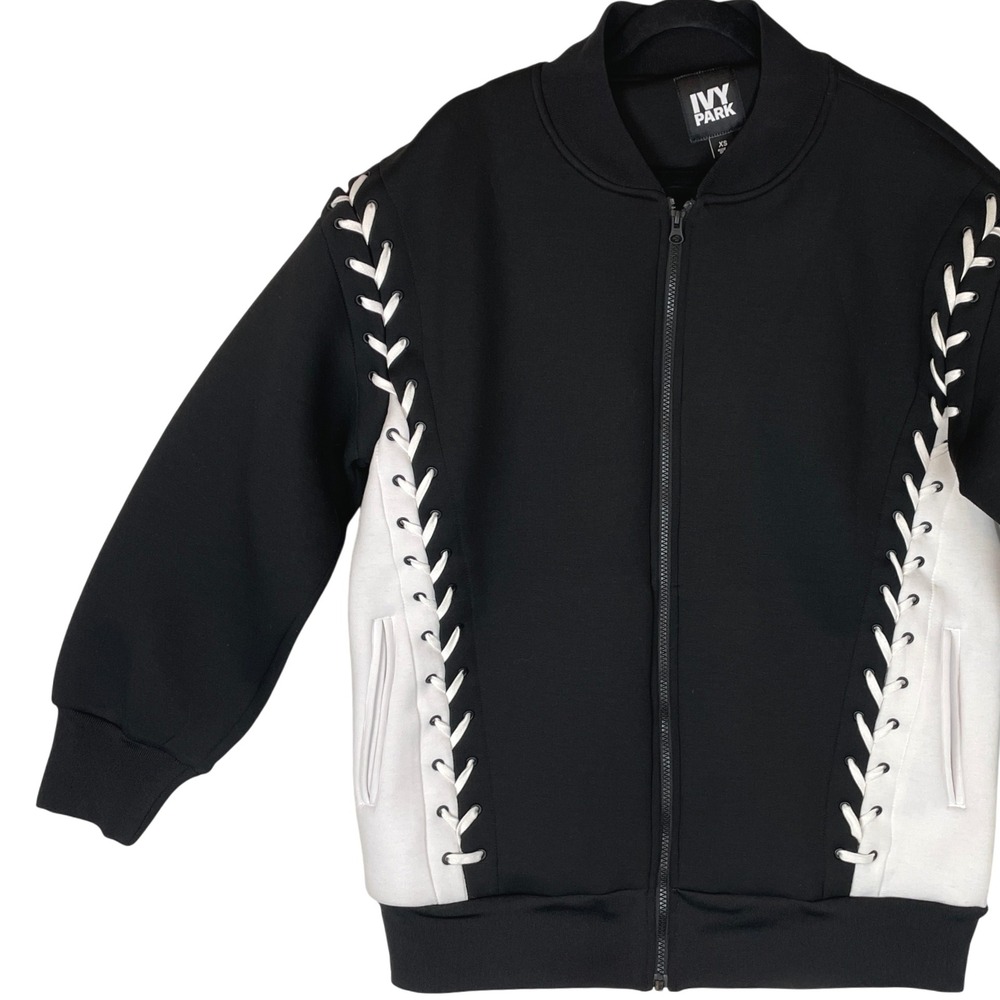 IVY PARK XS Black & White Lace Up Oversized Bomber Jacket Zip Up Athleisure‎